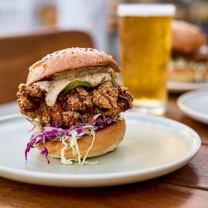 Fried chicken burger at Three Blue Ducks Melbourne burger night